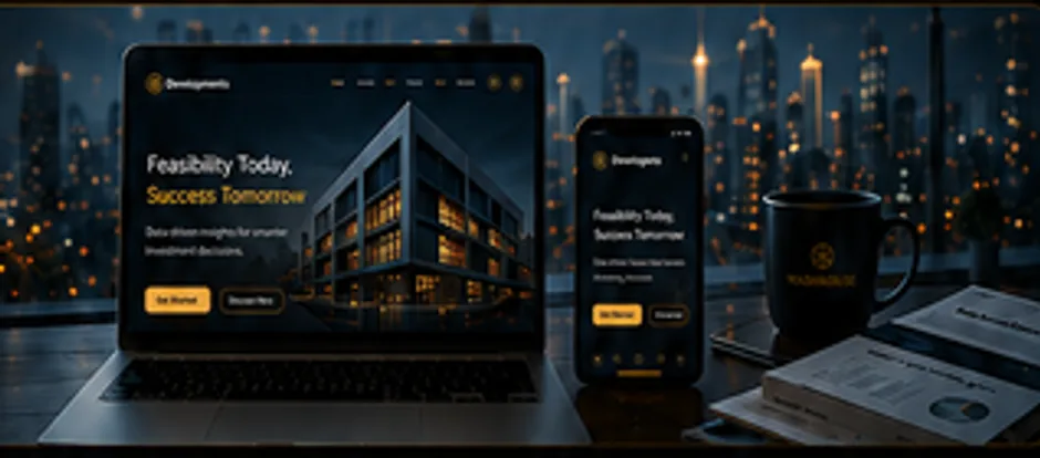 The Mashrou3e platform open on a laptop and phone, with a coffee mug and printed reports on a desk against a night skyline.